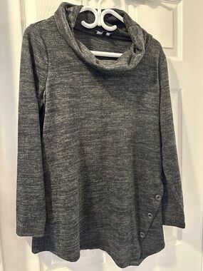 Lily Morgan Soft Dark Grey Heathered Cowl Neck Button-Accent Jersey Sweater, Lg
